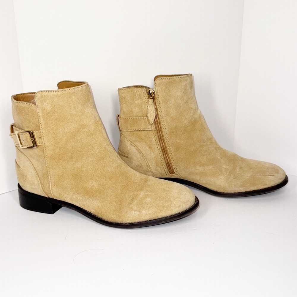 Talbots Tish  Ankle Boots Buckle Bootie Beige Suede Leather Zip Low Block Heel 8